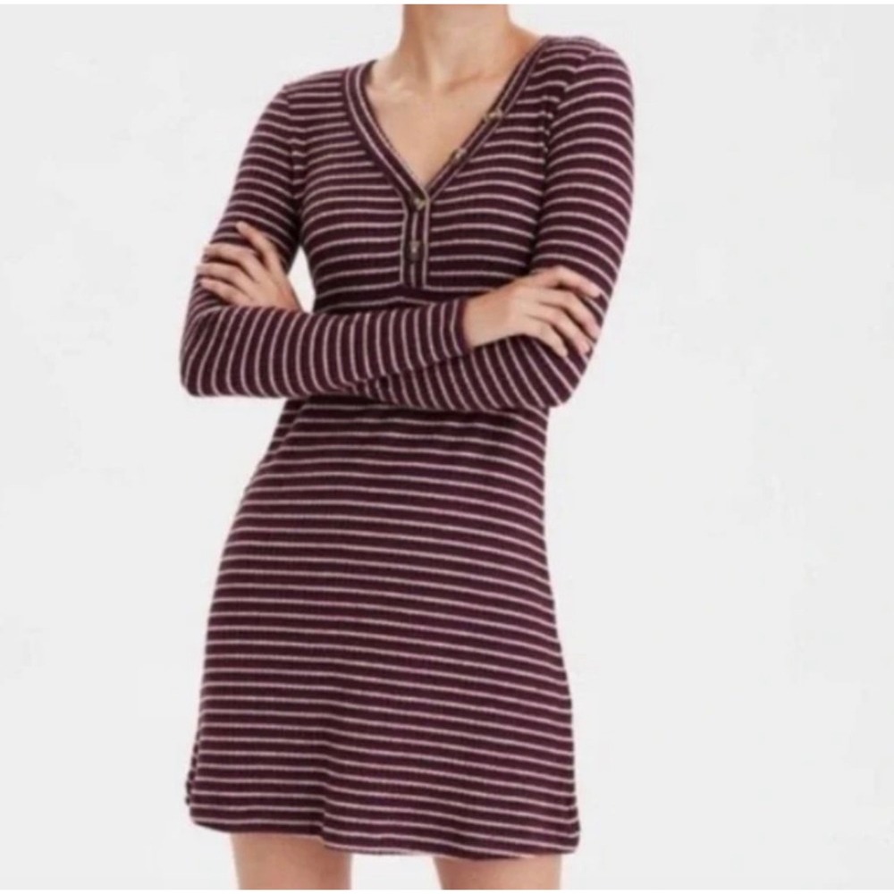 American Eagle Burgundy Striped Ribbed Knit Henley Long Sleeve Mini Dress Medium